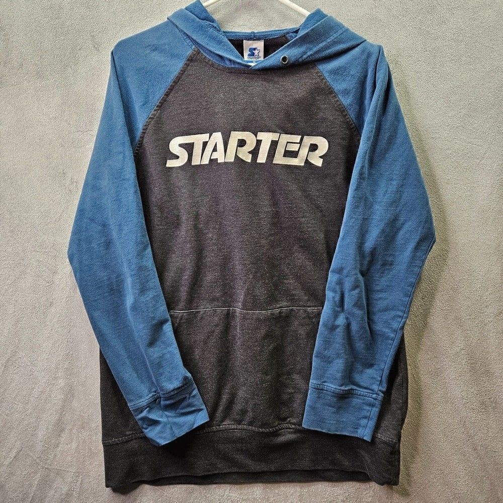 Vintage Starter Hoodie Mens Medium Black Blue Spellout Logo Pullover Sweater
